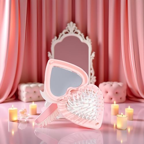 Pink Heart Folding Hair Brush with Mirror and Air Cushion Massage
