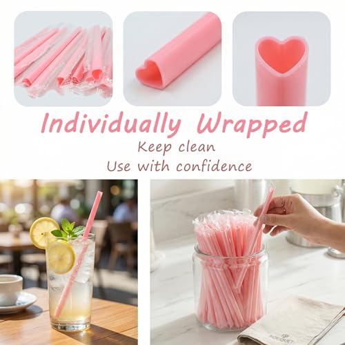 100 Heart Shaped Pink Straws - Individually Wrapped Disposable Straws for Parties