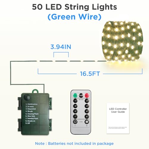 Battery Operated String Lights with Remote & Timer - Green Wire, 16.5ft, Warm White, 50 LEDs, 4 Pack
