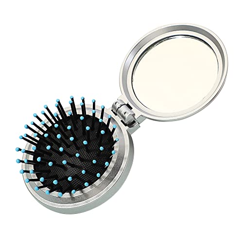 Folding Hair Brush with Mirror Round Compact Travel Hairbrush Silver