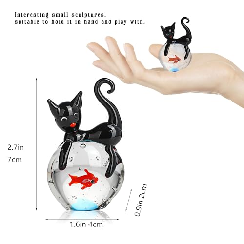 QFkris Hand Blown Glass Black Cat Figurine - Mini Home Decor, 1.6 Inches