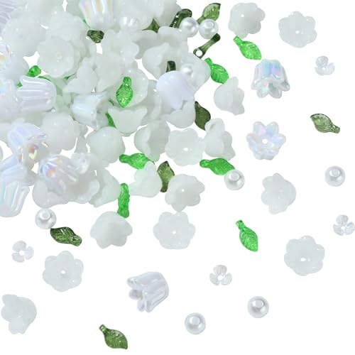 BEEFLYING 180Pcs Glass Flower Leaf Beads & Acrylic Pearls for Jewelry Making