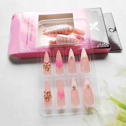 Teilihai Long French Tip Almond Press on Nails with 3D Flowers and Stars