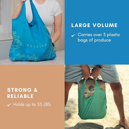 Ocean Blue Reusable Shopping Bag - 55 lbs Capacity, Folds Small