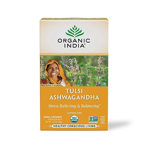 Organic India Calming Tulsi Ashwagandha Tea - 18 Infusion Bags, Stress Relief & Relaxation