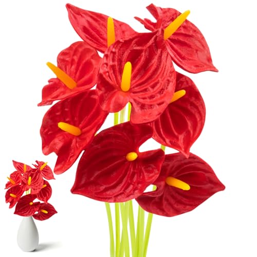 RAINFLOW 8-Piece Artificial Anthurium Flowers, 12.7-inch Faux Tropical Stems
