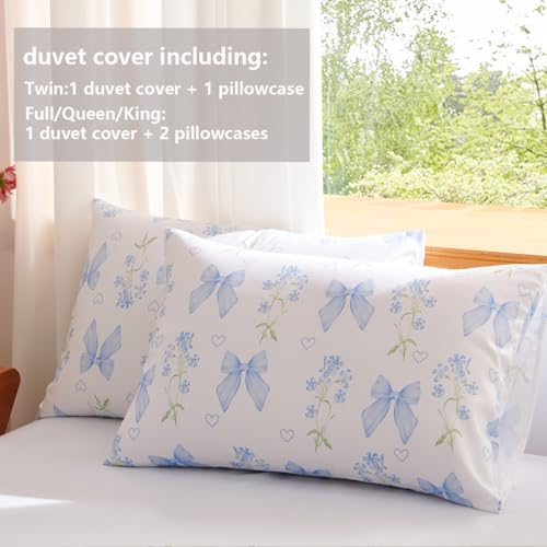 Blue Bow Duvet Cover Set for Kids - Full Size, Floral Design, JFS1379