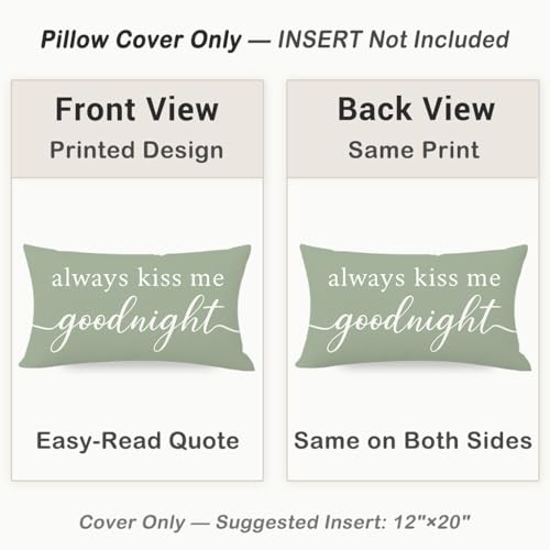 Always Kiss Me Goodnight Lumbar Pillow Cover, 12x20 Sage Green Throw Case