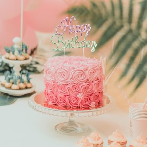 Jaciya Gold Birthday Cake Topper with Pink Green Rhinestones