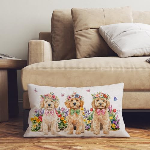 Golden Dog Decorative Pillow Cover 12x20 Inch with Floral Design