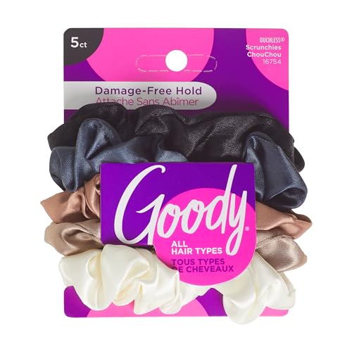 Goody Ouchless Satin Scrunchies 5-Pack - Neutral Tones, Damage-Free Hair Ties