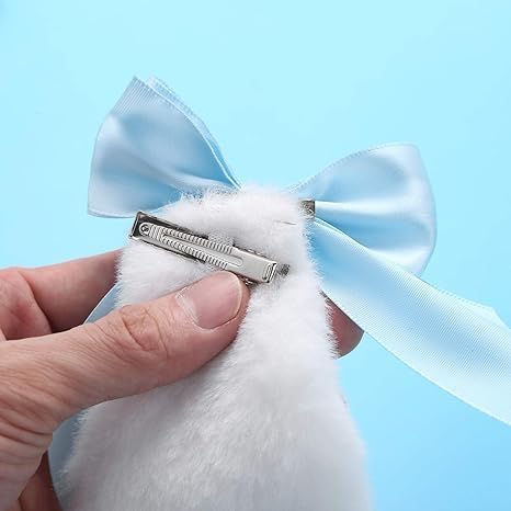 Blue Bunny Ear Hair Clips with Bow-Knot Plush Furry Hairpins 2-Pack
