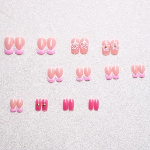 BUNLVDI French Tip Press on Nails Short Square Nude Pink 3D Flower False Nails