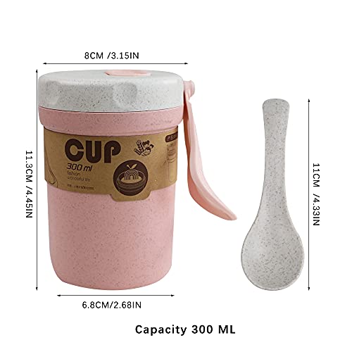 LZYMSZ Wheat Straw Soup Cups Set - 300ml Portable Lunch Box with Spoon (Blue & Pink)