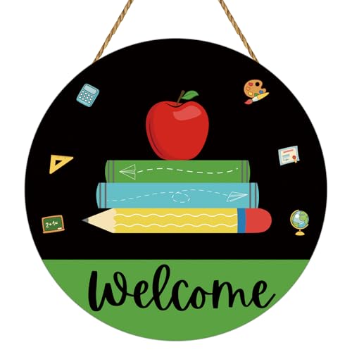 YUNKKIN Classroom Welcome Sign - Apple, Books & Pencils Decor for First Day of School