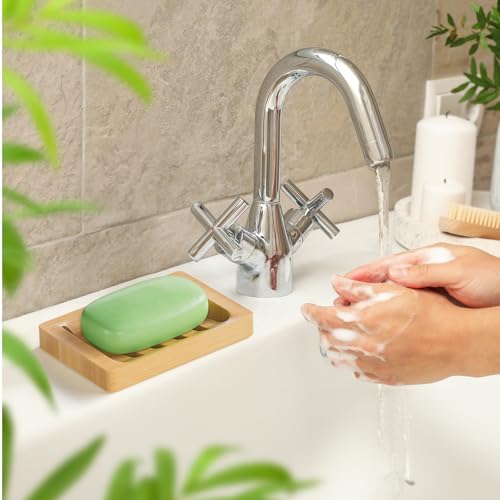 Natural Bamboo Soap Dish Holder 2 Pack - Self-Draining Wood Bathroom & Kitchen Tray