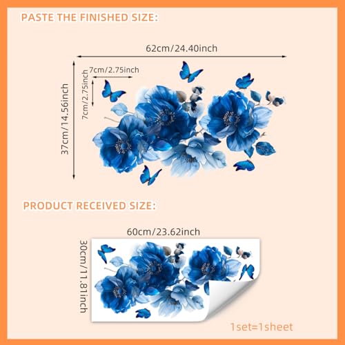 Blue Peony Flower Wall Decals with Butterflies - Removable Vinyl Stickers