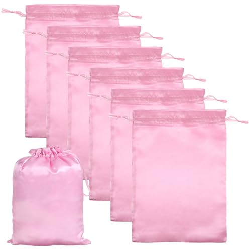 Aysatogc Satin Wig Bags with Drawstring - 35x25cm Pink Hair Storage Pouches (6-Pack)