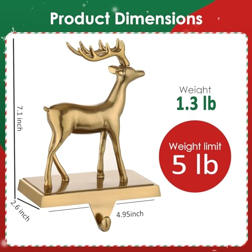 2 Pack Antique Gold Christmas Deer Stocking Holders for Mantle - Heavy Metal Holiday Hooks