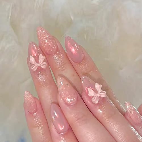 clvpai Pink Glossy Almond Press on Nails with 3D Bow Coquette Design