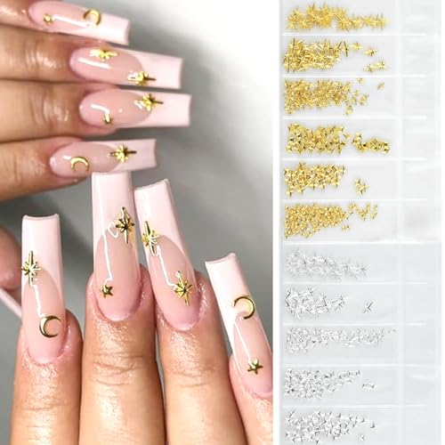 ABEJFIC 400Pcs 3D Gold and Silver Star Nail Charms Metallic Studs