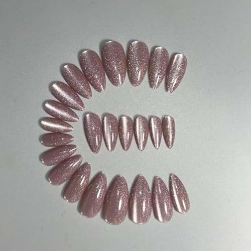 Purple Press on Nails Medium Almond Glitter Fake Nails Glossy Acrylic Kit
