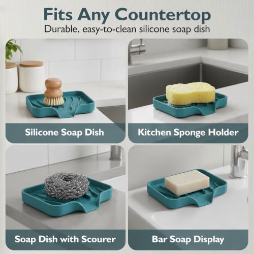 Self Draining Silicone Soap Dish with Drain Spout - Bathroom & Kitchen Sink Organizer