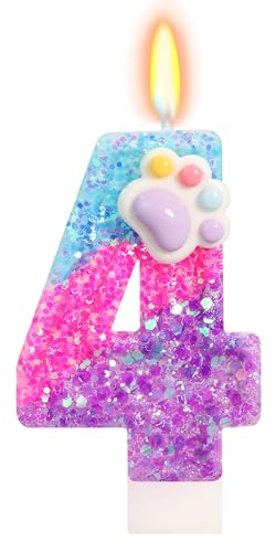 FAMGift Cute Paw Number 4 Candle – 4th Birthday Decorations for Kids Boys & Girls