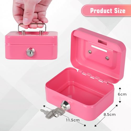 Crinwaki Mini Pink Steel Cash Box with Lock and Coin Slot - 4.5" Compact Safe
