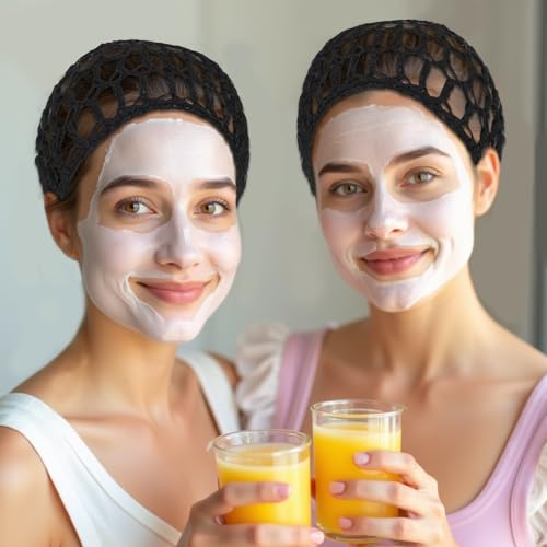 Bremorou 2 Pcs Crochet Hair Nets for Sleeping & Shower - Black & Gray