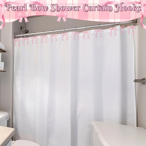 Pink Pearl Bow Shower Curtain Hooks - 12 Decorative Rings
