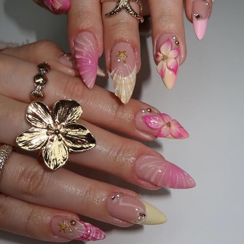 BABALAL Medium Almond Press on Nails French Tip Yellow Pink 3D