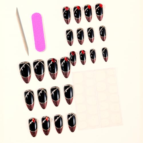 ZRETHFB Red French Tip Press on Nails Medium Almond Rhinestone False Nails