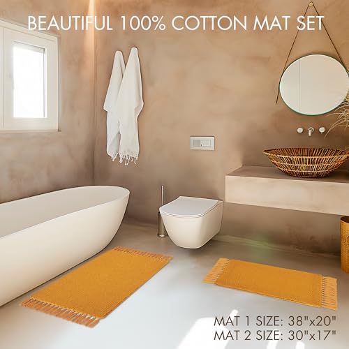 KIBAGA Set of 2 Mustard Boho Bathroom Rugs - Soft Cotton, Non-Slip, Washable