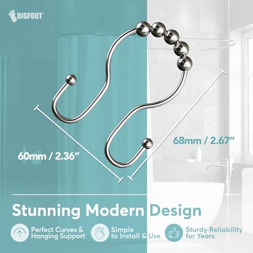 BigFoot Double Shower Curtain Hooks - Rust-Resistant Stainless Steel, Nickel
