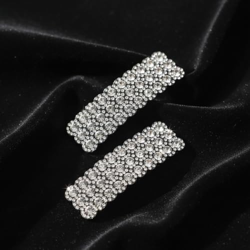 ZLmoue Silver Rhinestone Snap Hair Clips Rectangular Barrettes 2 Pcs