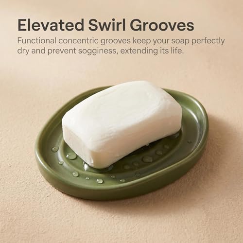 Ceramic Soap Dish with Swirl Grooves - Easy-Clean Green Holder