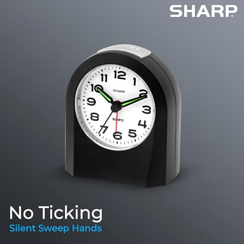 Sharp Small Battery Operated Analog Alarm Clock - Silent, Snooze, Pack of 2