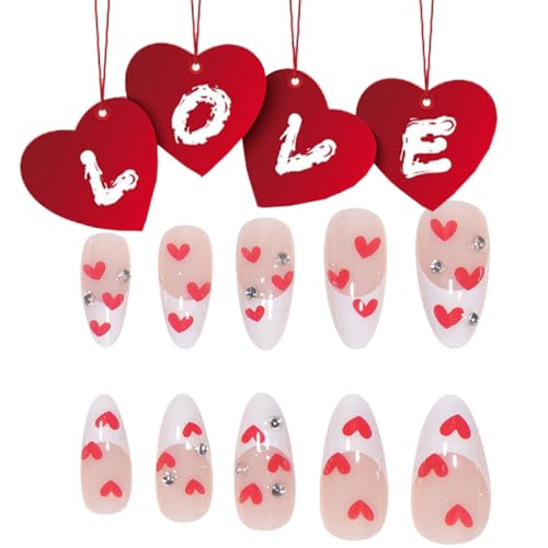 Red Heart French Tip Press on Nails with Rhinestones Medium Pointed