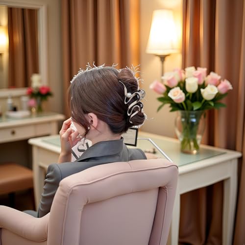 Silver Metallic Ribbon Pearl Hair Claw Clip Large Non-Slip Hair Clamp