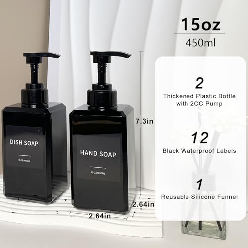 15oz Black Soap Dispenser Set - 2 Pack with Waterproof Labels
