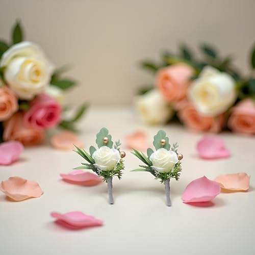 White Rose Boutonniere Set of 2 Artificial Flowers with Pins for Wedding
