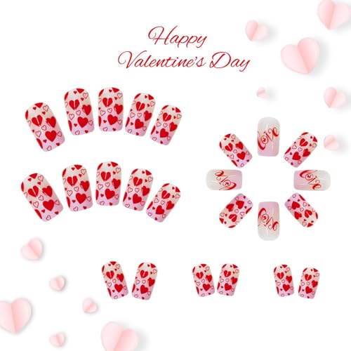 Red Love Heart Press on Nails Pink Ombre Square Fake Nails 24Pcs