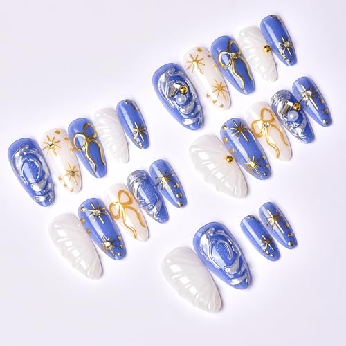 24Pcs Gold Star Press on Nails Medium Almond Fake Nails with Bow