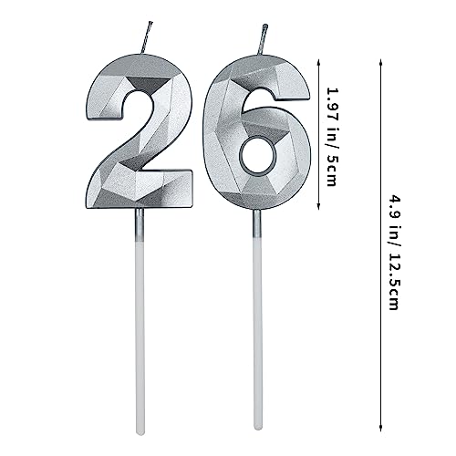 Silver 3D Diamond Shaped Birthday Candles - 26 & 62 Number Set