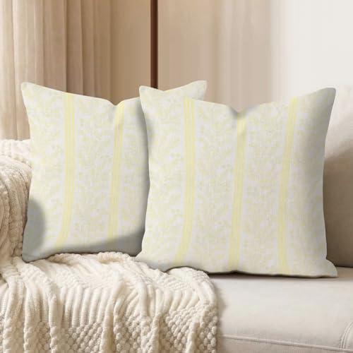 Vintage Floral Throw Pillow Covers - Yellow Striped Linen, 18x18 Inch, Set of 2
