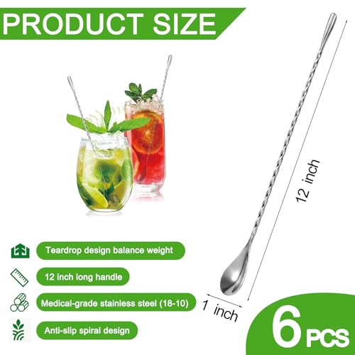 ABK 6PCS 12-Inch Bar Spoon Set for Cocktails & Iced Tea