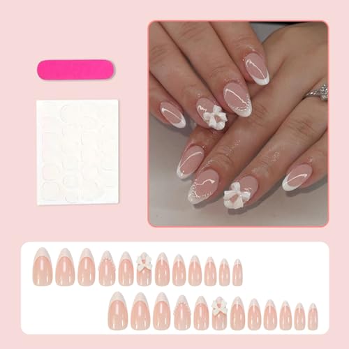 French Tip Press on Nails Nude Almond Fake Nails with Bow and Pearls