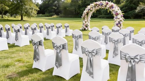 Silver Satin Chair Sashes 50 Pack Wedding Decorations Banquet Ribbons