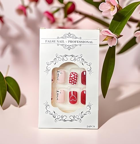 Valentine Heart Press On Nails Short Square Acrylic False Nails